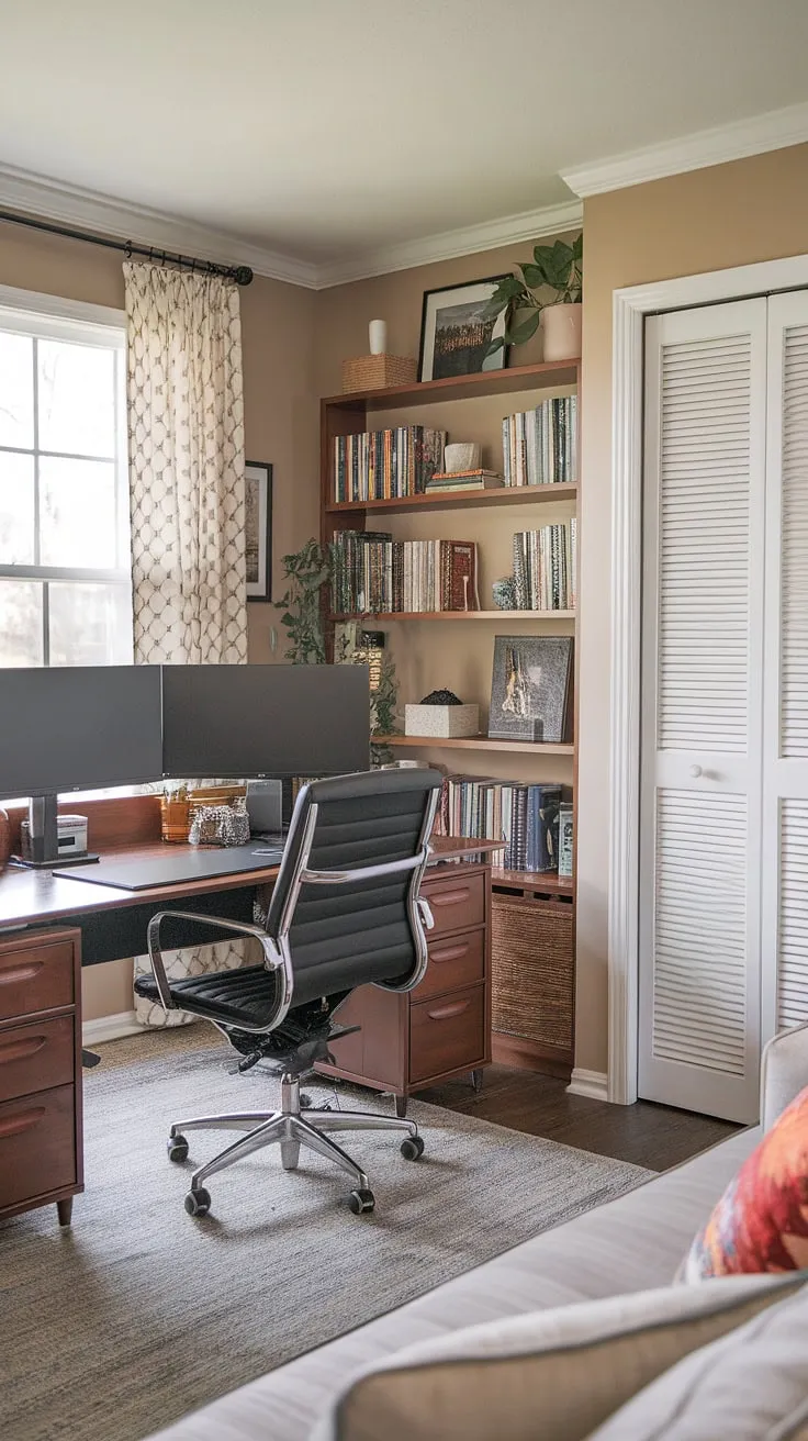 Transforming a small space into a productive haven: This home office living room showcases clever office ideas for small spaces, maximizing functionality with a dual monitor desk setup and a cozy office chair.  The small office with window provides natural light, while the bookshelf adds personality.  Perfect bedroom office ideas or creating office space in living room, this compact home office design proves that even an office in closet can be stylish and efficient.