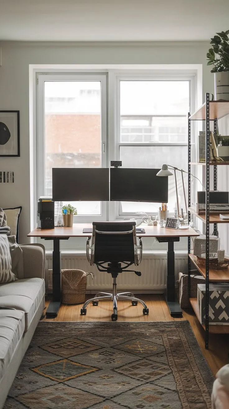 Maximize productivity and style in your living room with this compact home office setup.  Clever use of space transforms a corner into a functional workspace, perfect for those seeking office ideas for small spaces. The dual monitor desk setup, bathed in natural light from the window, makes working from home a breeze. This small office with window proves that even a small space home office can be both efficient and aesthetically pleasing, offering inspiration for bedroom office ideas and home office design.  Creating office space in living room doesn't have to be a compromise—this setup proves it.
