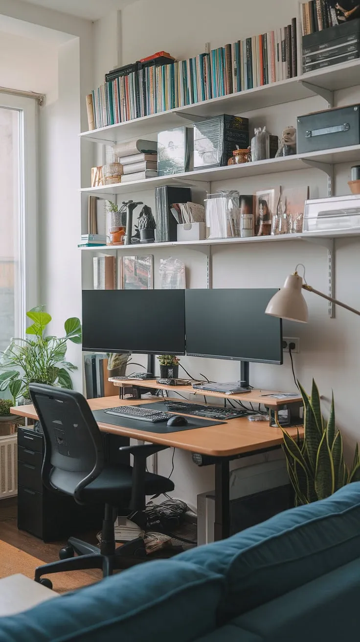 Maximize productivity and style in your living room with this compact home office setup.  The dual monitor desk setup, nestled near a window for natural light, proves that even small spaces can accommodate a functional and inspiring workspace.  This design offers clever office ideas for small spaces, perfect for those seeking bedroom office ideas or creating office space in living room, even if it means repurposing a closet as an office in closet.  This small office with window is a testament to smart home office design.