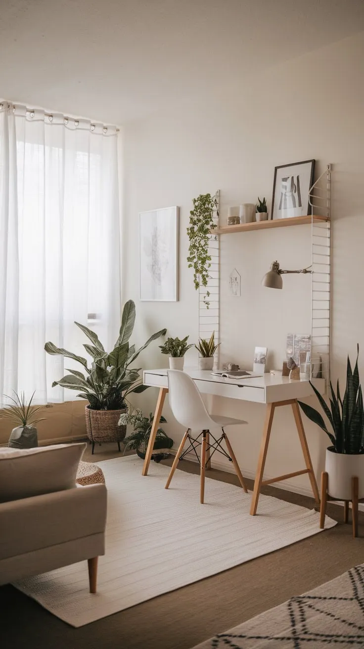A bright living room is transformed into a serene minimalist workspace with a white desk, plants, and subtle wood tones.