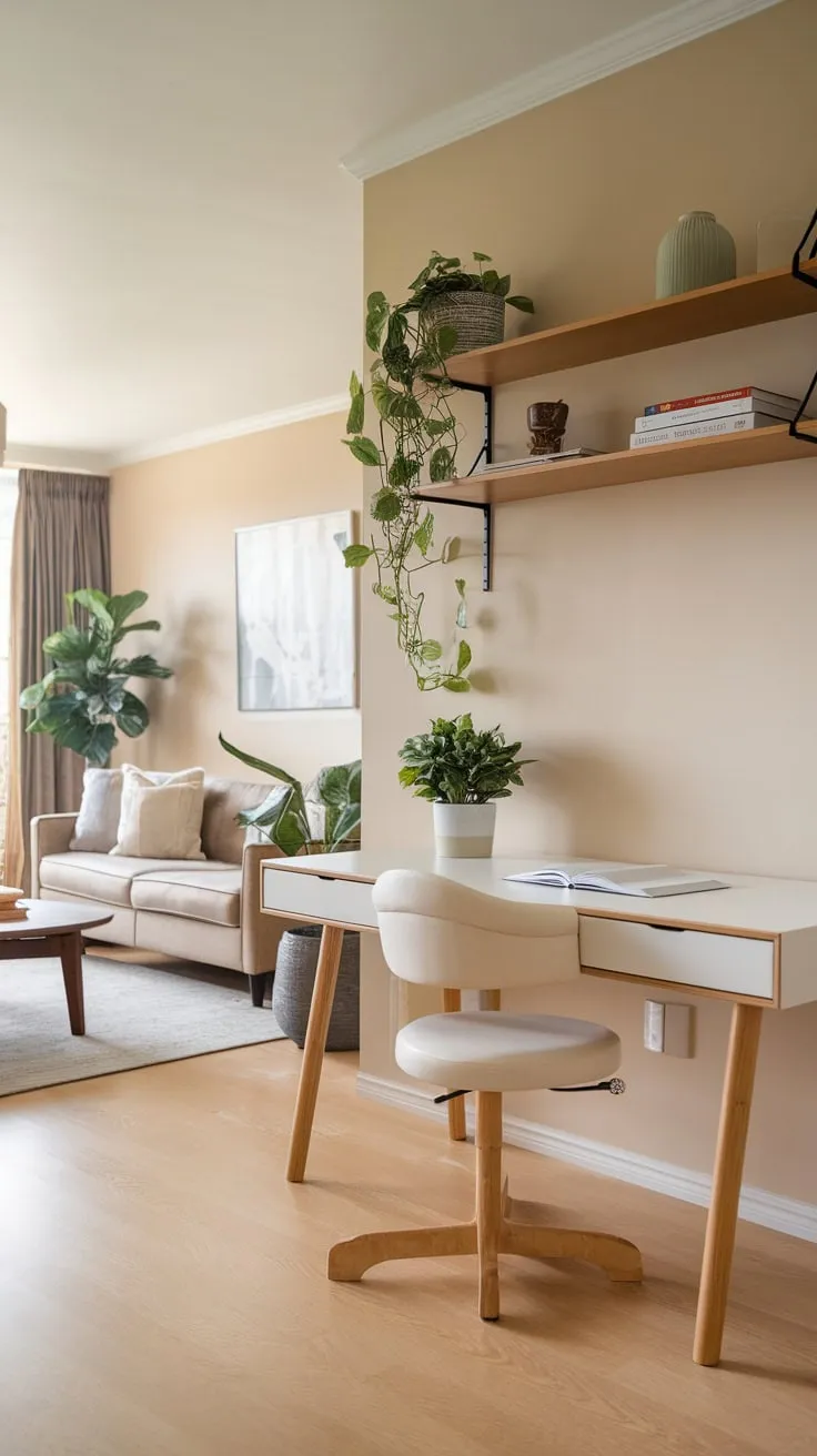 A serene beige living room seamlessly integrates a minimalist white home office featuring a wooden desk, comfortable chair, and verdant plants