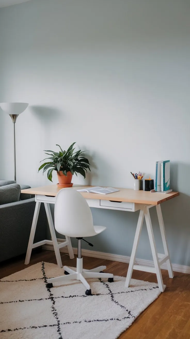 A minimalist white desk with natural wood accents creates a peaceful home office within a light blue living room, enhanced by a comfortable chair and a touch of greenery.