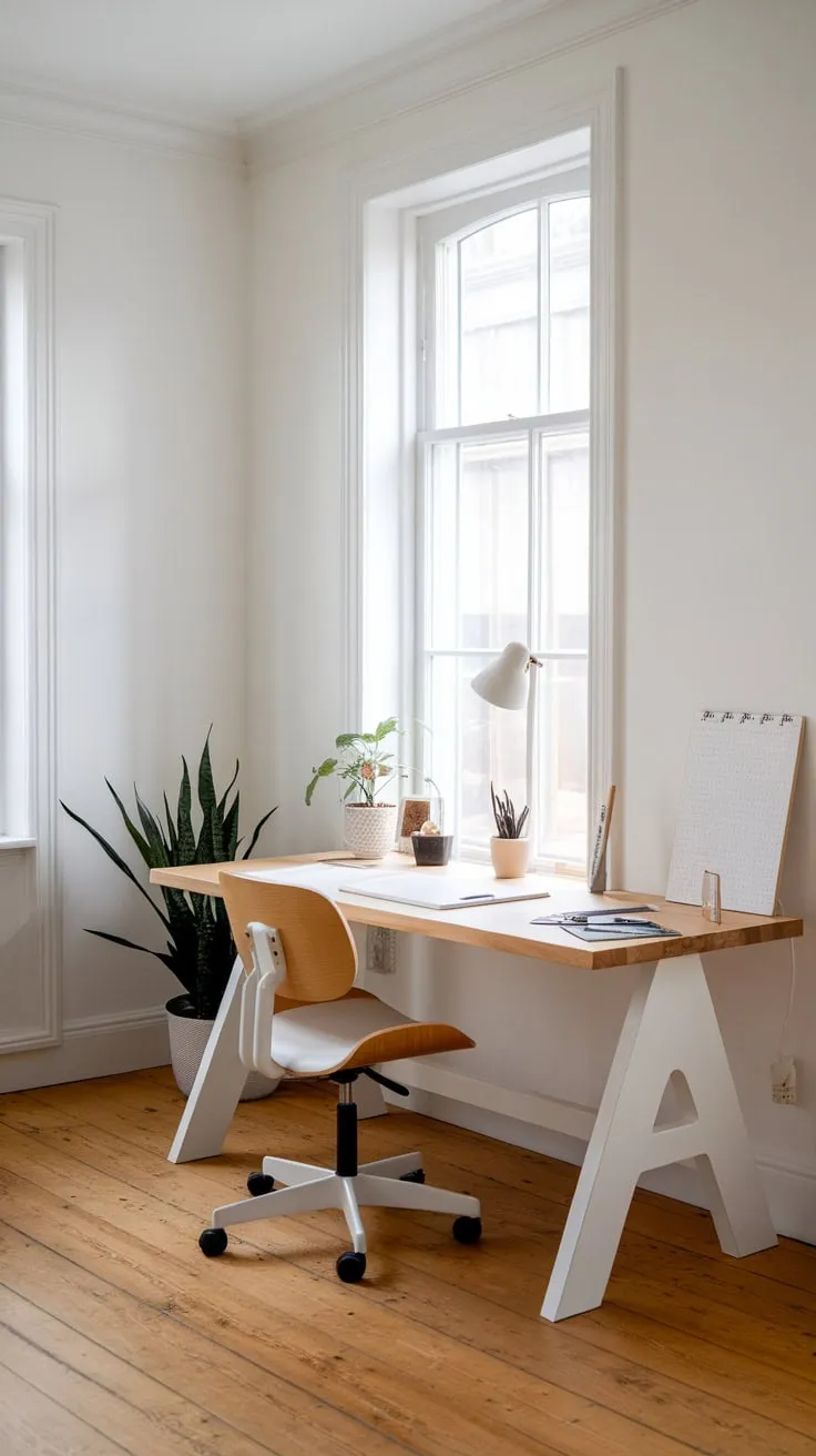 Natural light illuminates a serene living room workspace, where a white desk with a wood top and matching chair create a minimalist home office haven.