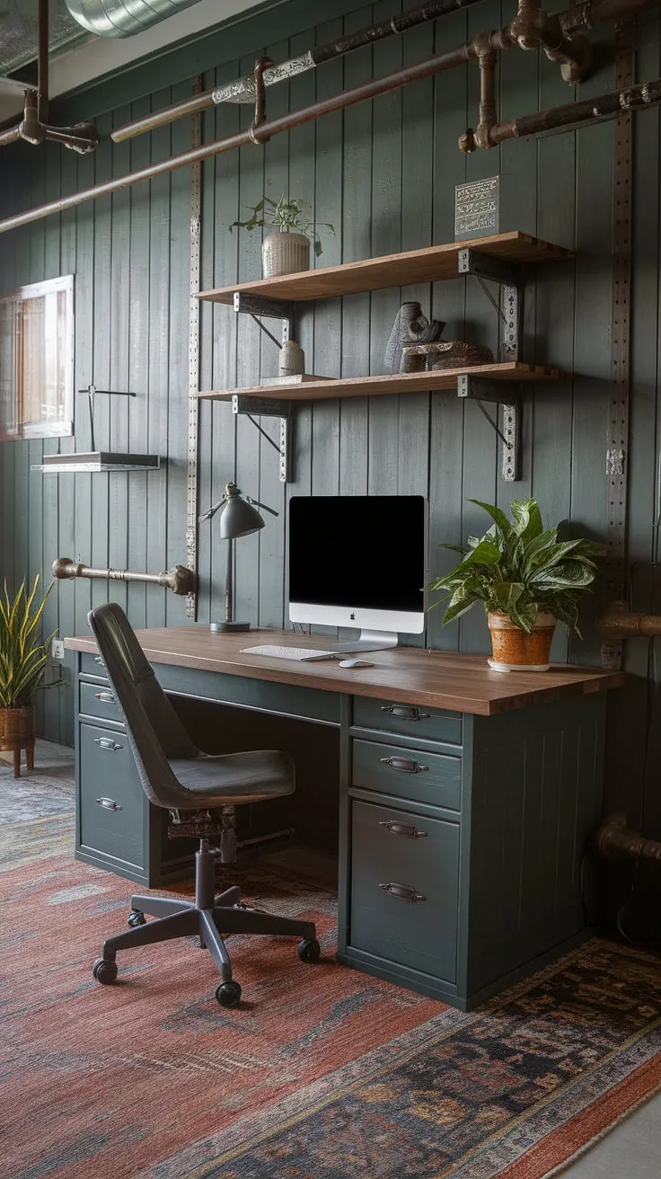 Escape to this meticulously crafted home office man cave, where a dark green wood interior design sets the tone.  The woodsy office ideas are brought to life with a wooden desk home office featuring a shelf above computer desk, perfect for showcasing your computer desk decor. Industrial wall decor adds a rugged charm to this small dark study, while the plush rug softens the industrial aesthetic.