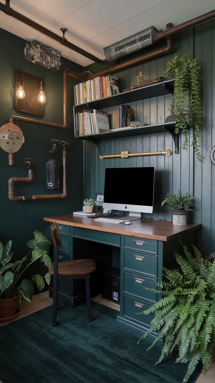 Escape to this small dark study, a perfectly curated home office man cave.  The dark green wood interior design, complete with a wooden desk home office and shelf above computer desk, creates a woodsy office ideas haven. Industrial wall decor and a touch of greenery complete this inviting space.  The computer desk decor is minimal, allowing the rich green and industrial elements to shine.