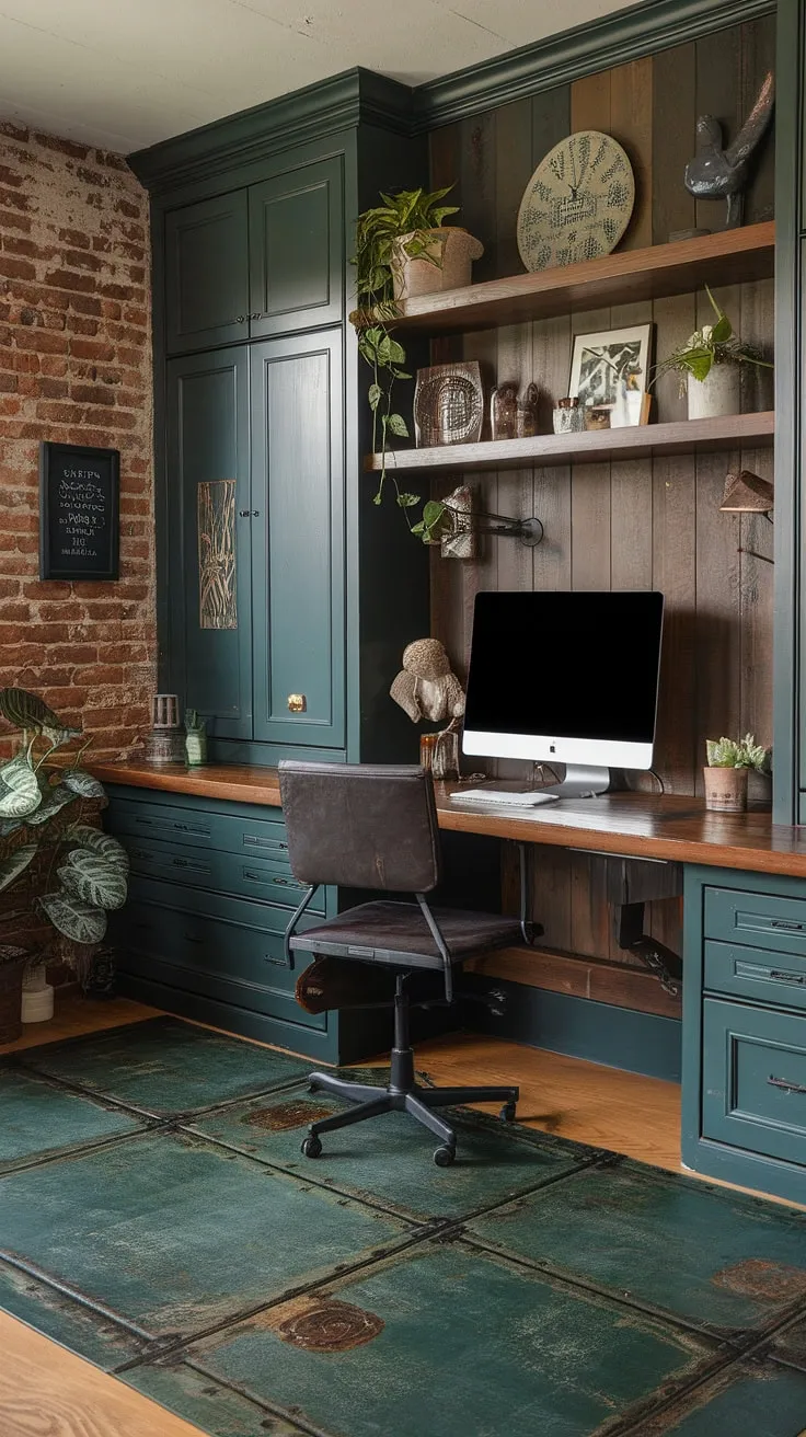 This small dark study is anything but gloomy.  A dark green wood interior design transforms this home office man cave into a haven of productivity.  The wooden desk home office is perfectly complemented by the shelf above computer desk, showcasing thoughtful computer desk decor.  Woodsy office ideas are brought to life with the green industrial bedroom-inspired rug and carefully chosen industrial wall decor against the exposed brick.