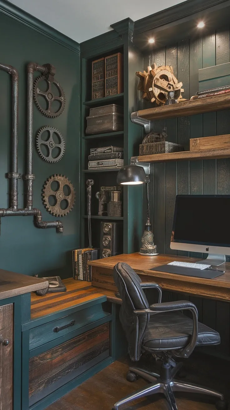Escape to this meticulously crafted home office man cave, where a dark green wood interior design sets the stage for focused productivity.  The woodsy office ideas are evident in every detail, from the wooden desk home office to the shelf above computer desk, perfectly complemented by industrial wall decor and a small dark study area for quiet contemplation.  The computer desk decor blends seamlessly with the green industrial bedroom aesthetic.