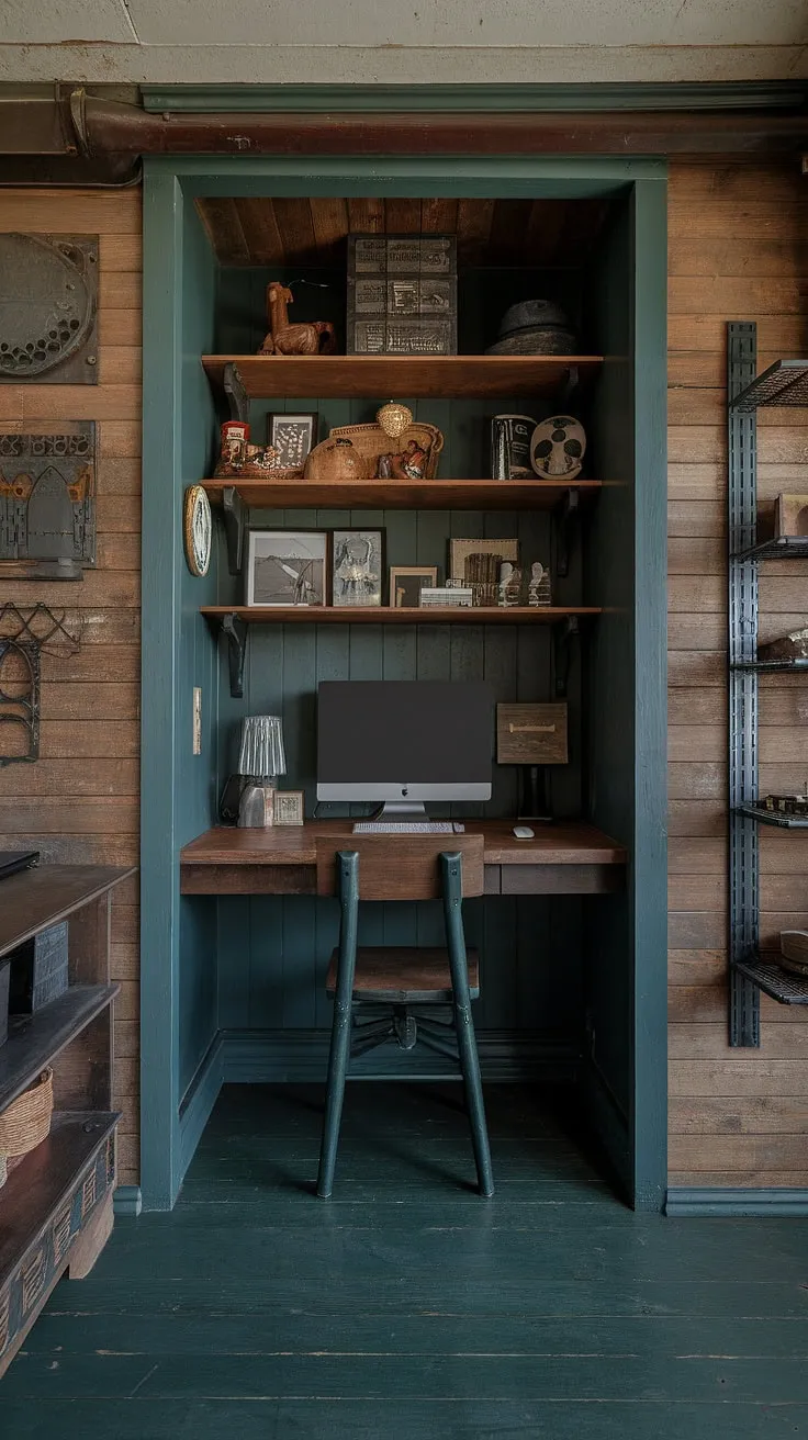 Escape to this secluded home office man cave, where a dark green wood interior design creates a woodsy office vibe.  The small dark study, complete with a wooden desk home office and shelf above computer desk, offers a sanctuary for focused work. Industrial wall decor and thoughtful computer desk decor complete the green industrial bedroom aesthetic.
