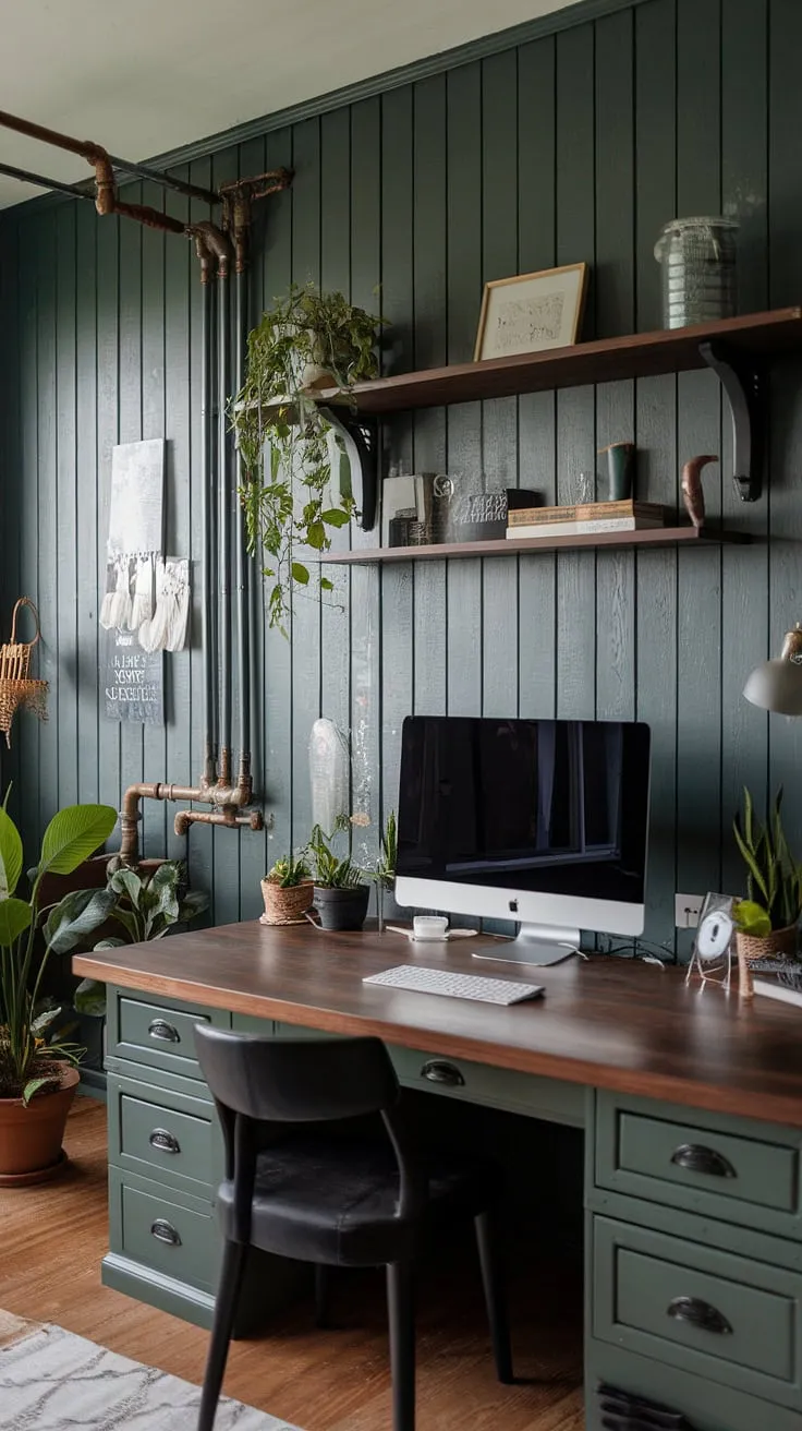 This dark green wood interior design transforms a small space into a sophisticated home office man cave. The wooden desk home office features a shelf above computer desk, providing ample workspace and storage.  Industrial wall decor and carefully chosen computer desk decor create a unique blend of styles, while the plants add a touch of life to this woodsy office ideas haven.  Perfect for anyone seeking a green industrial bedroom vibe with a productive twist.