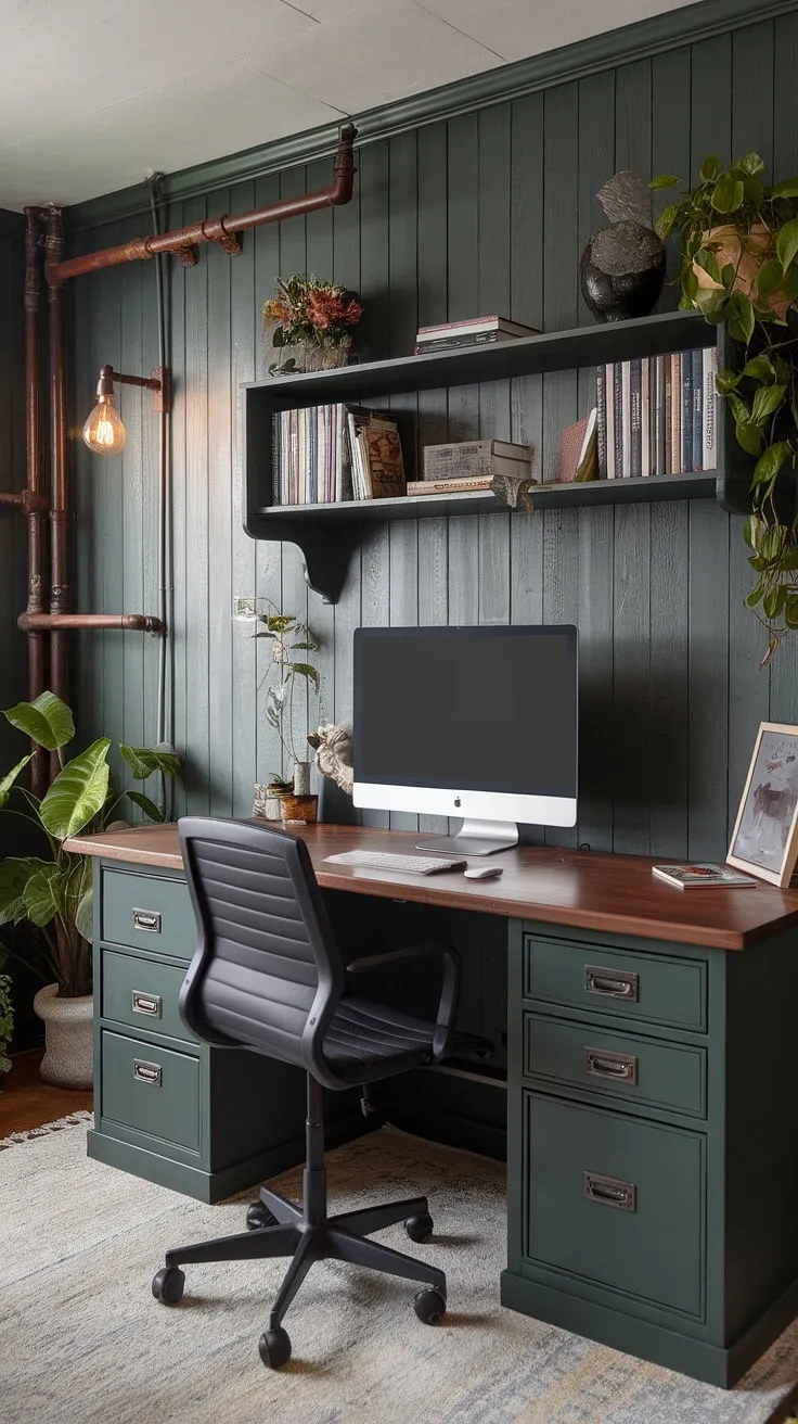 Escape to this tranquil home office man cave, where a dark green wood interior design creates a sophisticated and calming atmosphere.  The wooden desk home office, complete with a shelf above computer desk for books and decor, offers the perfect blend of functionality and style.  Woodsy office ideas come alive with the industrial wall decor and pops of greenery, transforming this small dark study into a personal sanctuary.