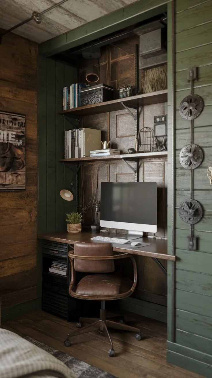 This dark green wood interior design transforms a small space into a powerful home office man cave.  Woodsy office ideas are seamlessly integrated into this green industrial bedroom, creating a unique and inspiring workspace.  The wooden desk home office, complete with a shelf above the computer desk for convenient storage, is the perfect centerpiece.  Industrial wall decor completes the look, making this small dark study a haven of productivity and style.