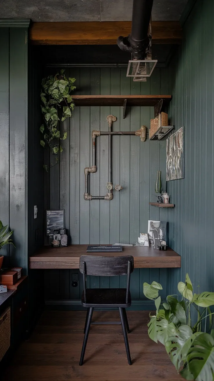 Escape to this tranquil home office man cave, where a dark green wood interior design creates a haven of productivity.  Woodsy office ideas abound in this small dark study, featuring a wooden desk home office, a shelf above computer desk brimming with inspiration, and industrial wall decor adding a touch of rugged charm.  The thoughtful computer desk decor and pops of greenery complete this unique space.