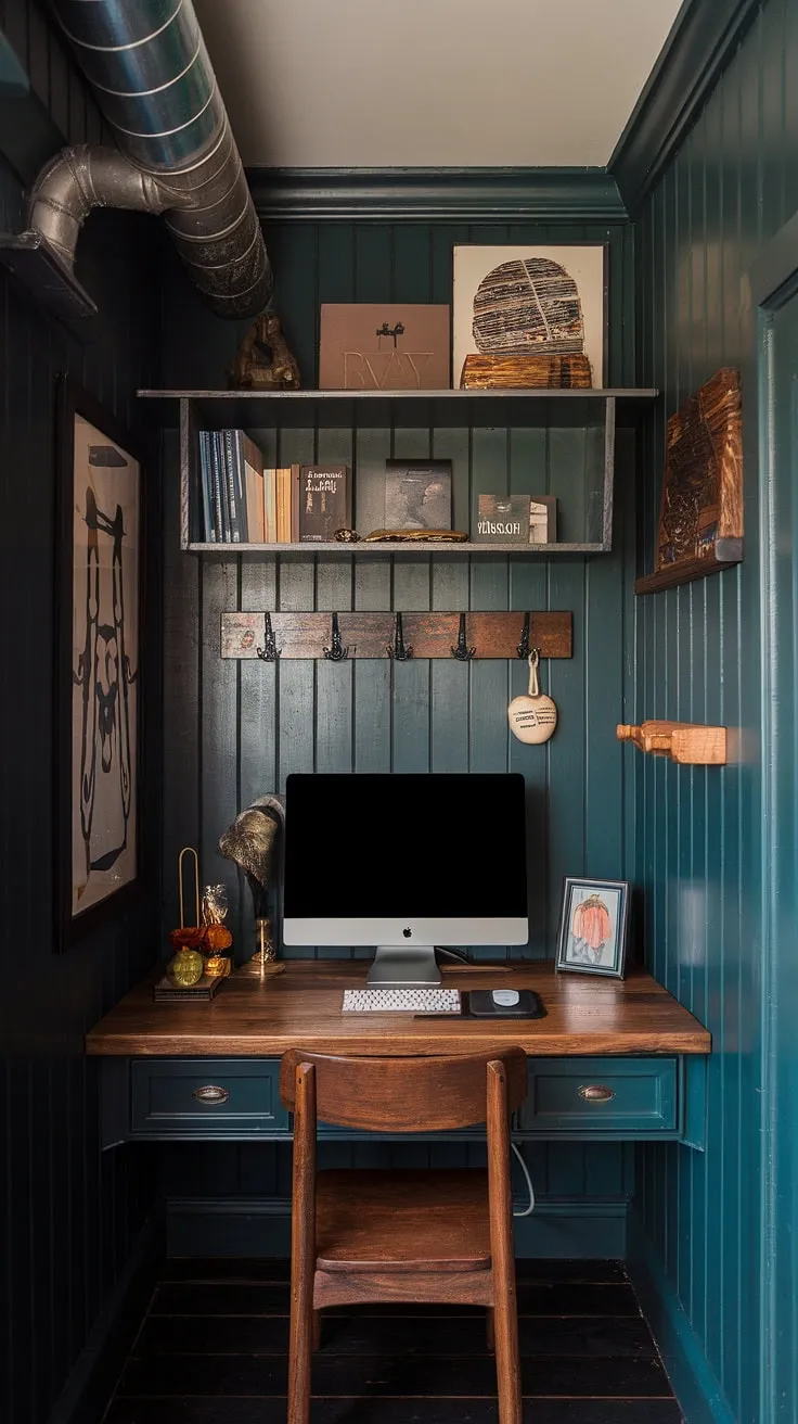 This green industrial bedroom-inspired home office boasts a dark green wood interior design that's both moody and masculine.  The woodsy office ideas are perfectly complemented by the industrial wall decor, while the wooden desk home office and shelf above computer desk provide ample workspace.  A small dark study transformed into a truly unique and inspiring man cave.