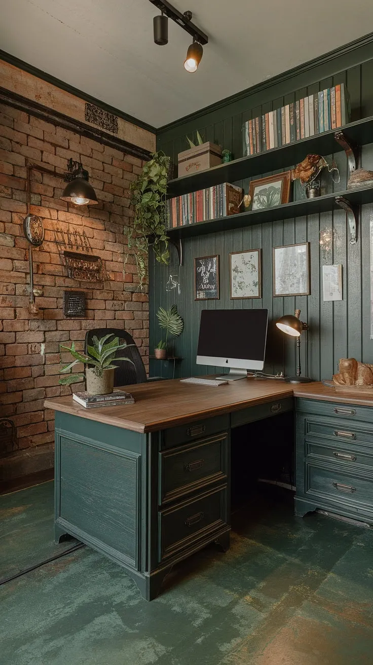This dark green wood interior design is the epitome of woodsy office ideas.  My small dark study has been reborn as a home office man cave, featuring a wooden desk home office, thoughtful computer desk decor, and a shelf above computer desk showcasing my favorite things.  Industrial wall decor and green industrial bedroom-inspired flooring complete this unique space.