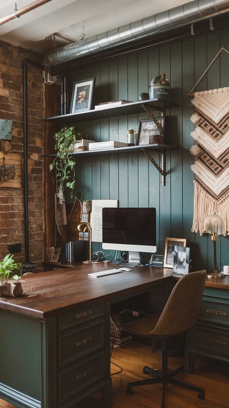 This small dark study, a perfect blend of home office man cave and green industrial bedroom, boasts a dark green wood interior design.  The wooden desk home office, complete with a shelf above computer desk, showcases thoughtful computer desk decor, while the industrial wall decor and woodsy office ideas create a uniquely masculine and inviting space.