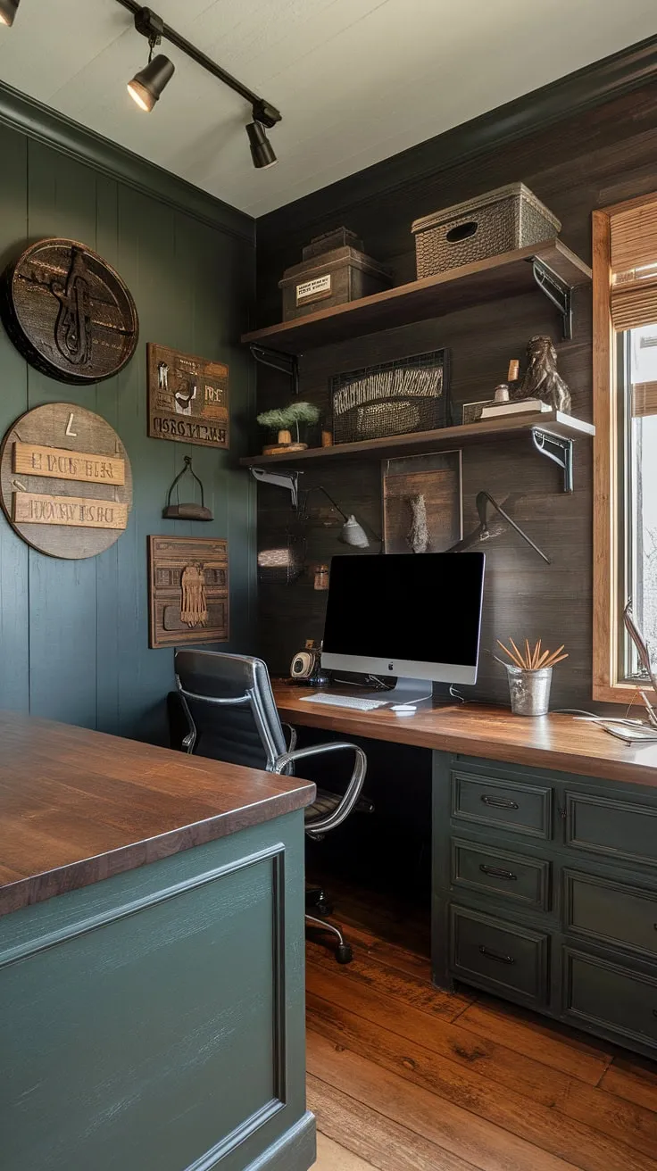 Escape to this meticulously crafted home office man cave, where a dark green wood interior design sets the stage for focused productivity.  The woodsy office ideas are evident in every detail, from the wooden desk home office to the shelf above computer desk, perfectly complementing the industrial wall decor. A small dark study area offers a quiet retreat, while the computer desk decor adds a touch of personal style to this green industrial bedroom.