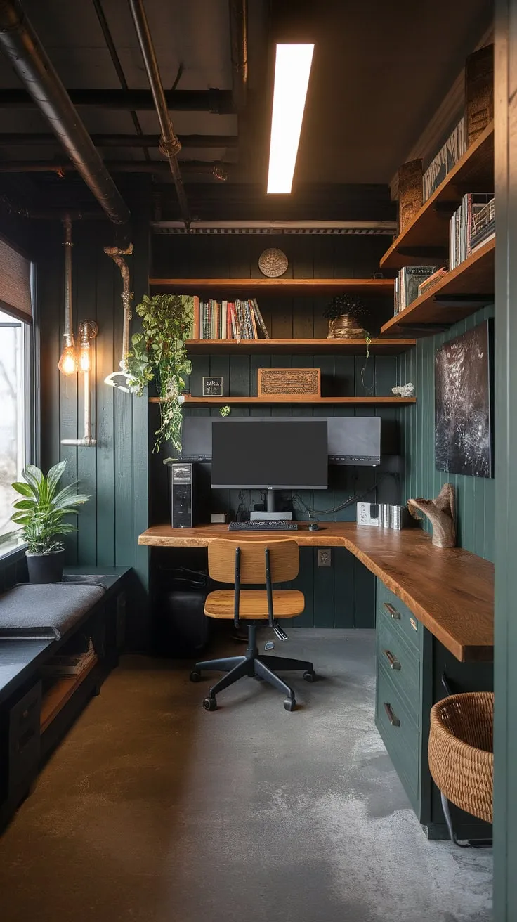 This woodsy office, a true home office man cave, boasts a striking dark green wood interior design.  Industrial wall decor contrasts beautifully with the rich wooden desk home office and the shelf above computer desk, creating a unique blend of styles.  The small dark study tucked away by the window provides a peaceful escape, while the computer desk decor adds a personal touch to this functional and stylish space.  Perfect examples of woodsy office ideas and a green industrial bedroom vibe.