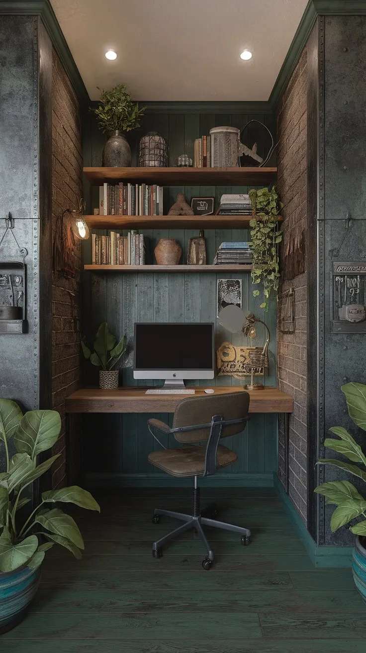 Escape to this meticulously crafted home office man cave, where a dark green wood interior design sets the stage for focused productivity.  The small dark study, complete with a wooden desk home office and shelf above computer desk brimming with computer desk decor, offers a sanctuary of woodsy office ideas.  Industrial wall decor complements the rich green industrial bedroom aesthetic, creating a space both stylish and functional.