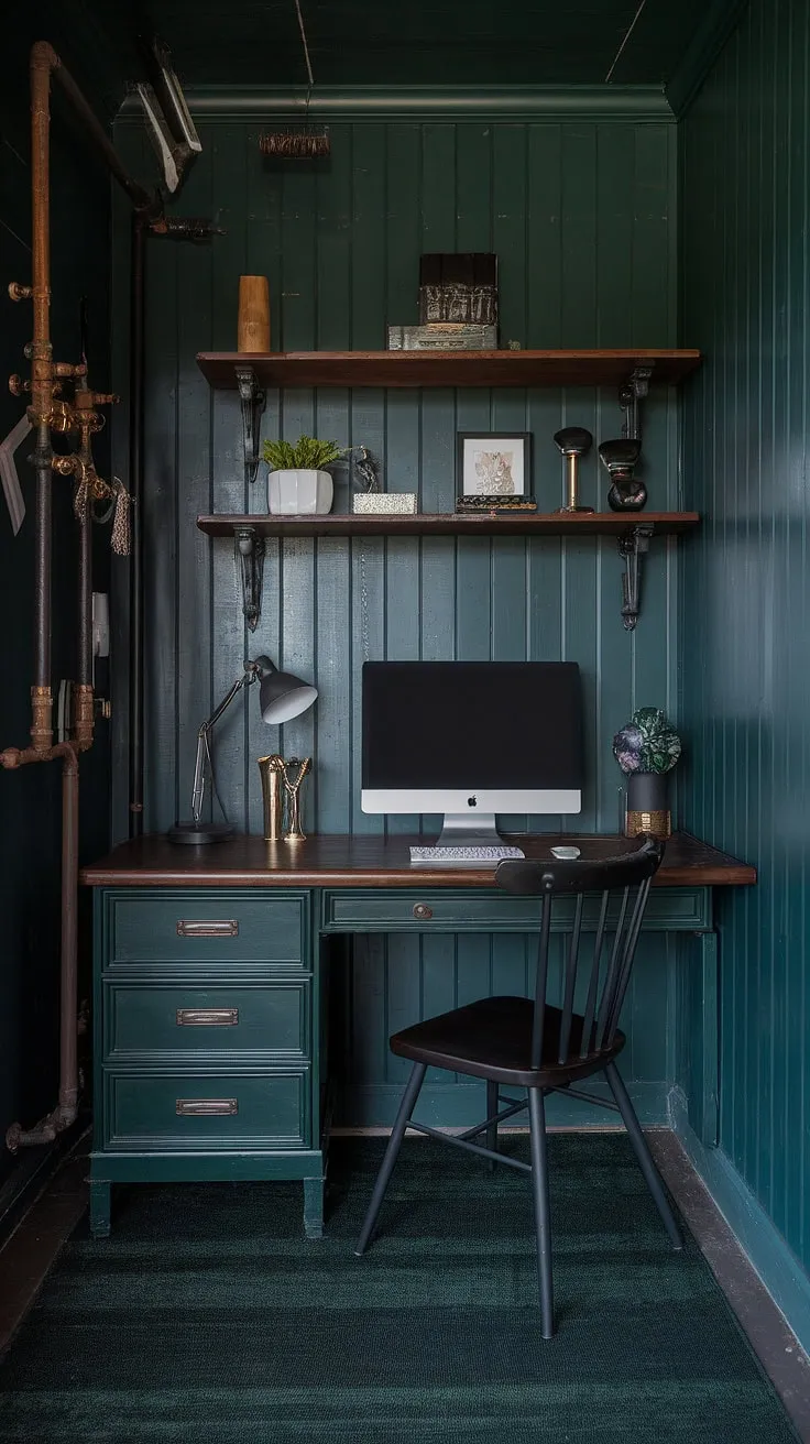 Escape to this small dark study, a perfectly curated home office man cave.  Dark green wood interior design creates a woodsy office vibe, enhanced by the industrial wall decor and shelf above computer desk. The wooden desk home office, complete with computer desk decor, is the perfect blend of function and style in this green industrial bedroom.