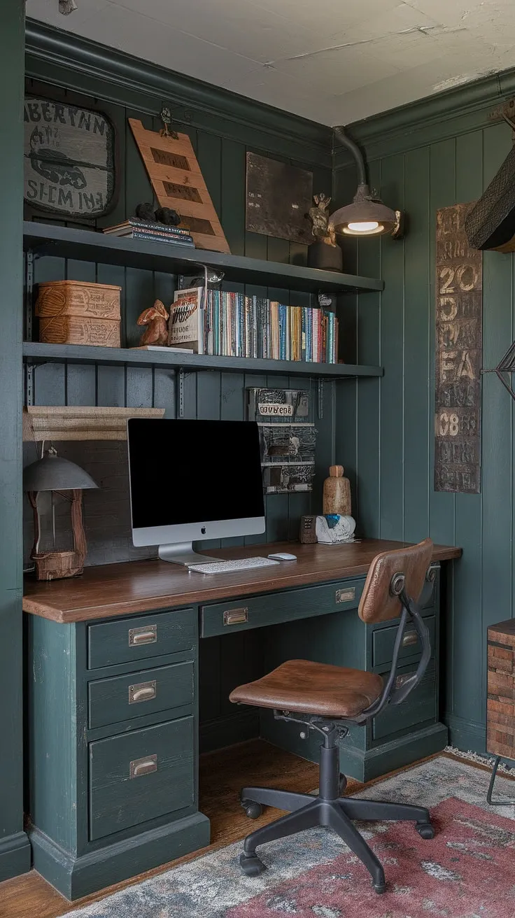This green industrial bedroom, reimagined as a small dark study, boasts a sophisticated dark green wood interior design.  A wooden desk home office anchors the space, topped with thoughtful computer desk decor.  The shelf above computer desk adds functional style, while industrial wall decor and woodsy office ideas complete the masculine and inviting atmosphere of this home office man cave.