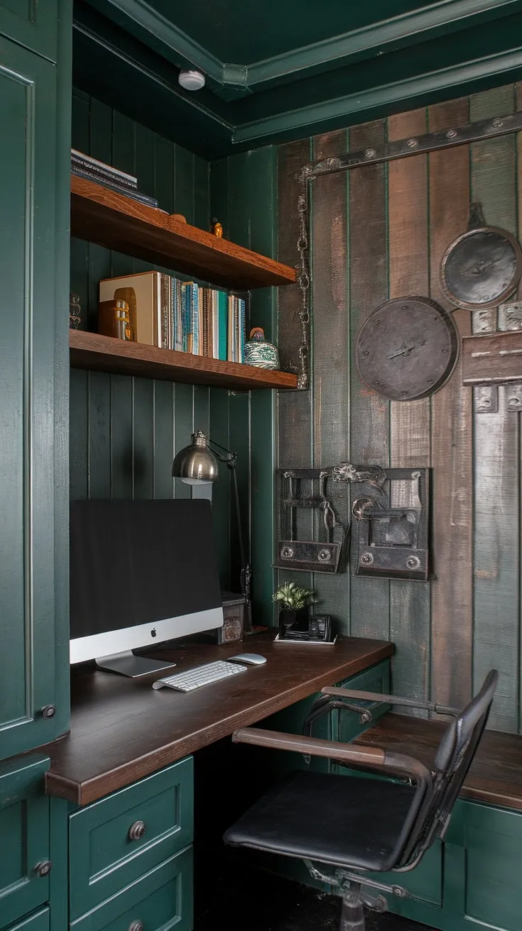 Escape to this secluded home office man cave, where a dark green wood interior design creates a woodsy office vibe.  The small dark study, nestled within, features a wooden desk home office with a shelf above computer desk, perfect for showcasing your computer desk decor. Industrial wall decor adds a touch of rugged charm to this green industrial bedroom aesthetic.