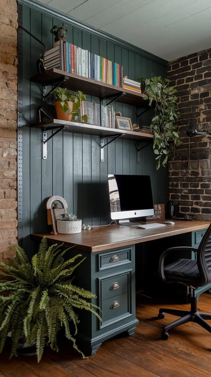 This small dark study, a true home office man cave, boasts a striking dark green wood interior design.  The wooden desk home office is the centerpiece, enhanced by a shelf above computer desk showcasing curated books and greenery.  Woodsy office ideas are seamlessly integrated with industrial wall decor, creating a unique blend of styles.  A potted fern adds a touch of nature to this green industrial bedroom-inspired space, while thoughtful computer desk decor completes the look.