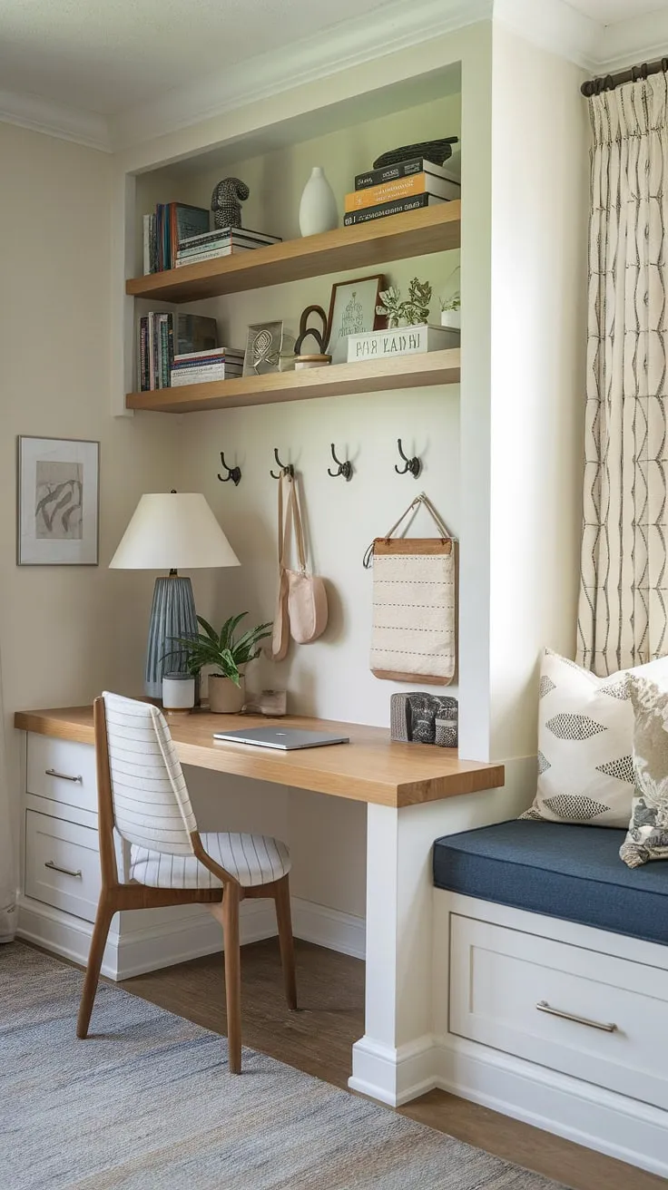 Transforming a small corner into a productive haven! This built-in desk area offers clever home office storage solutions, perfect for small workspace solutions and compact office design.  A flexible office space ideal for a bedroom office or home study nook, proving that even tiny office setups can be stylish and functional.