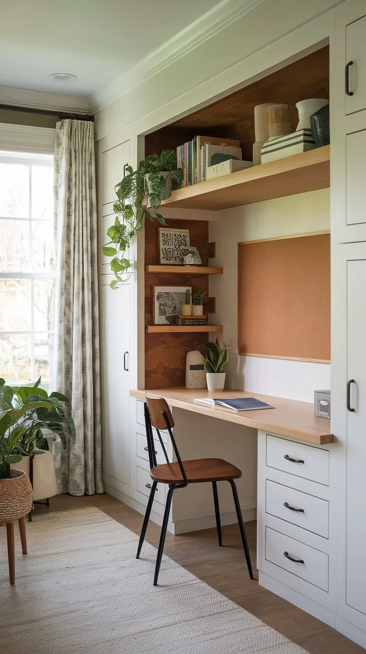 Transform a small corner into a productive haven with this inspiring home office nook.  This compact office design showcases smart small office ideas, including a built-in desk area and ample home office storage. The flexible office space is ideal for a bedroom office, offering a tiny office setup that's both stylish and efficient.  Perfect for creating a dedicated home study nook without sacrificing precious square footage.