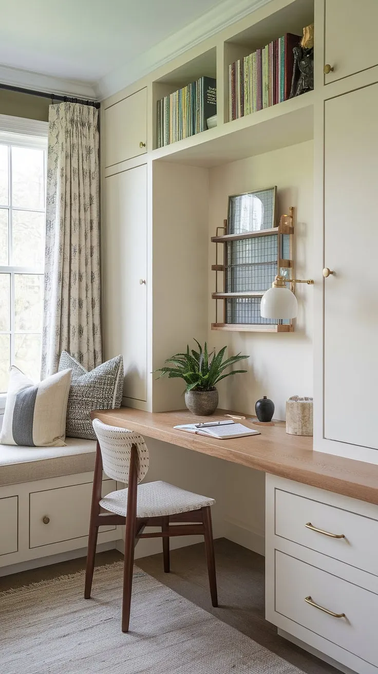 Transform a spare corner into a productive haven with this inspiring home office nook.  Small office ideas come alive with this built-in desk area, maximizing home office storage and creating a flexible office space.  The result? A stylish and efficient tiny office setup perfect for a bedroom office or home study nook, showcasing the best in compact office design.