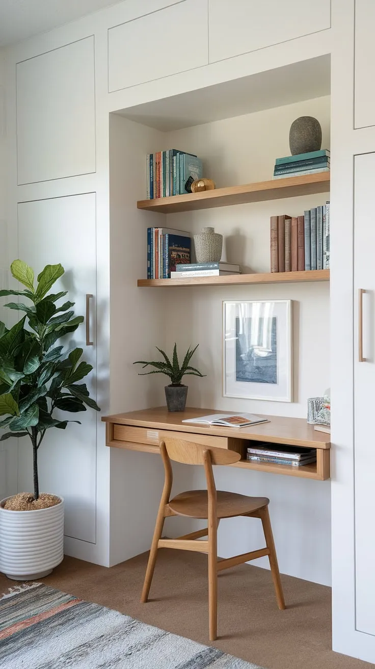 Transforming a small corner into a productive haven: this home office nook boasts a built-in desk area, clever home office storage solutions, and a flexible office space perfect for those seeking small workspace solutions.  The compact office design maximizes functionality, ideal for a bedroom office or home study nook, proving that even a tiny office setup can be stylish and efficient.