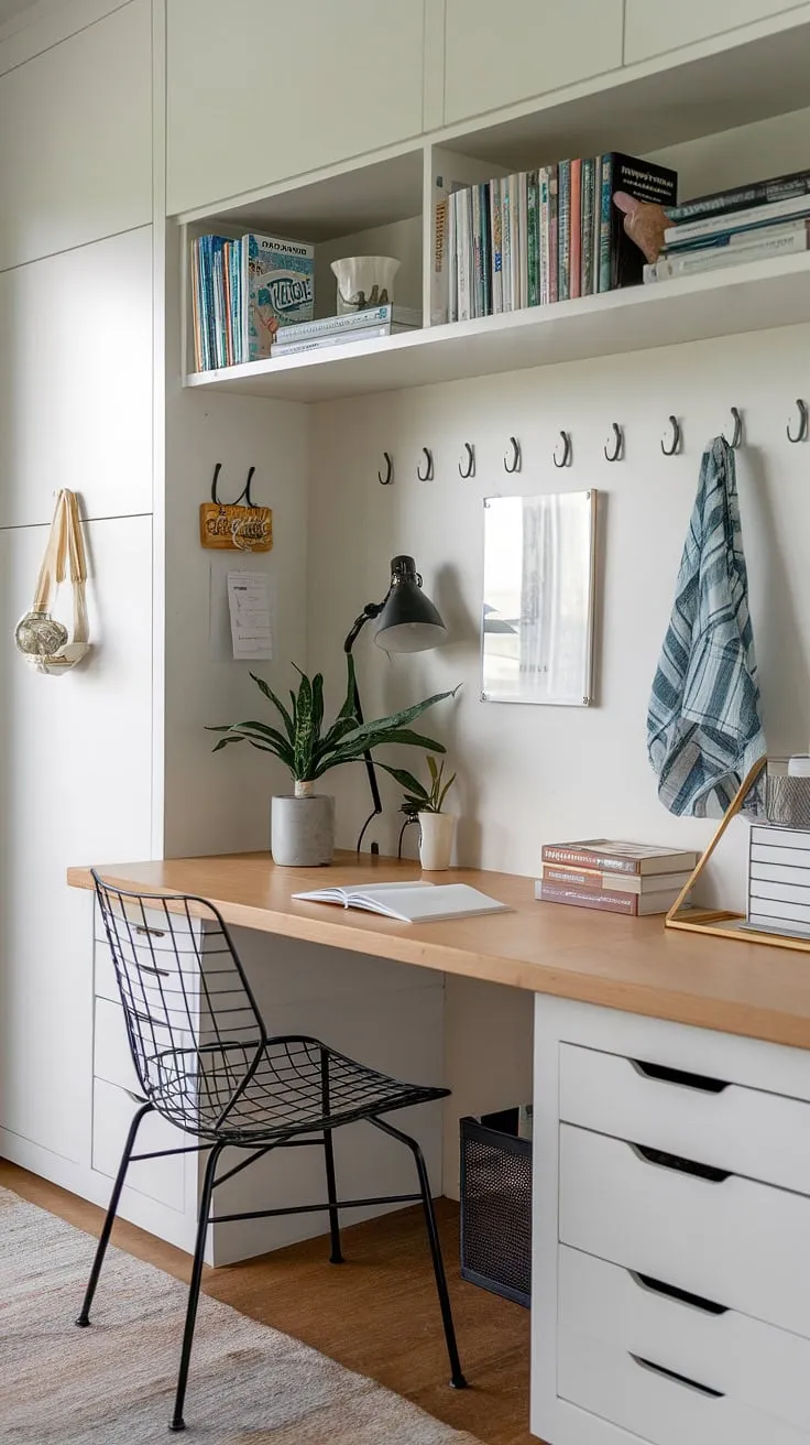 Maximize your space with this compact office design featuring a built-in desk area. This home office nook offers ample home office storage and flexible office space, making it a perfect small workspace solution for a bedroom office or home study nook.  Explore these small office ideas for a tiny office setup that's both functional and aesthetically pleasing.