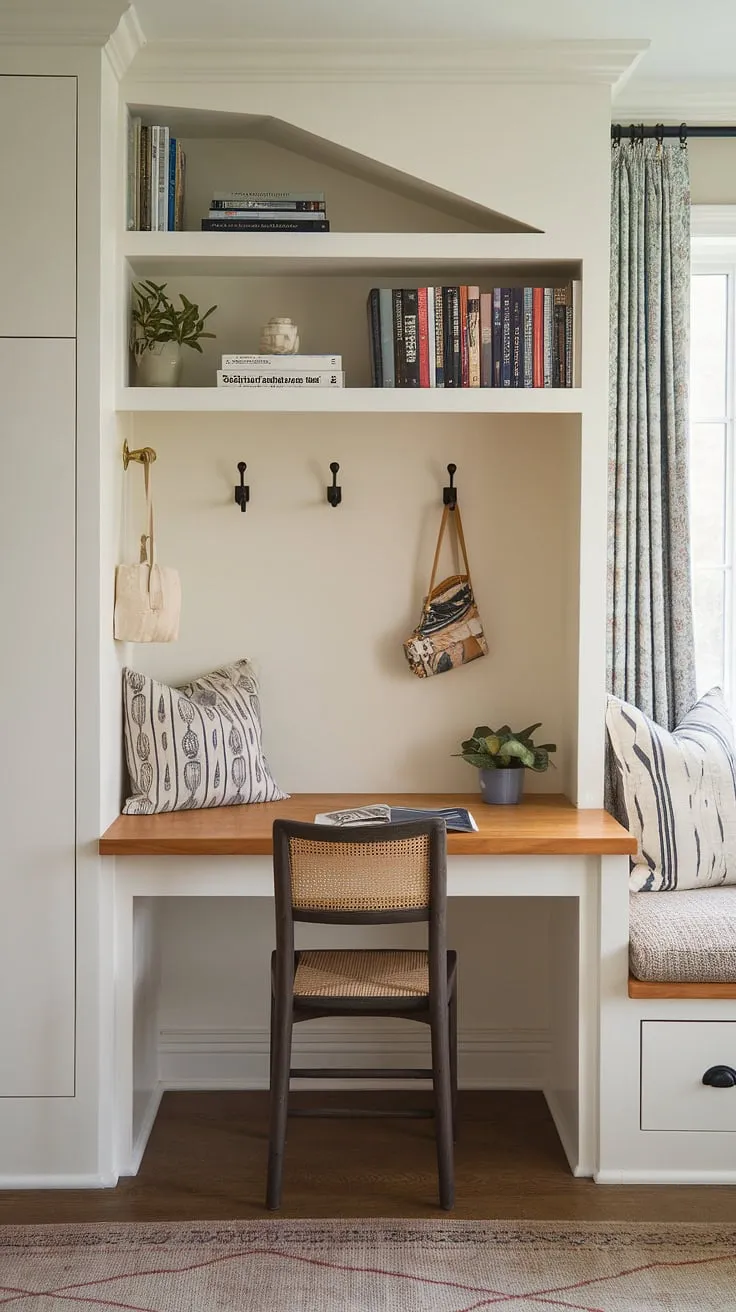 Maximize your space with this cozy home office nook.  Clever home office storage solutions and a built-in desk area create a functional yet stylish small workspace solution, perfect for a bedroom office or any compact office design needing flexible office space. This tiny office setup is the epitome of small office ideas, transforming a small corner into a productive home study nook.
