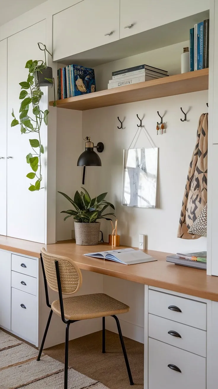 Transform a spare corner into a productive haven with this inspiring home office nook.  Small office ideas abound in this design, featuring a built-in desk area and clever home office storage.  The result? A flexible office space and compact office design that's perfect for small workspace solutions, ideal for a bedroom office or home study nook, even in a tiny office setup.