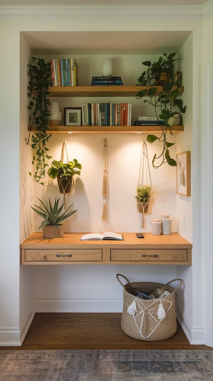 Transforming a small corner into a productive haven: this built-in desk area offers the perfect home office nook, showcasing clever home office storage solutions and compact office design.  Ideal for small office ideas, bedroom office setups, or anyone seeking flexible office space and small workspace solutions in a tiny office setup. This home study nook proves that big things can come from small spaces.