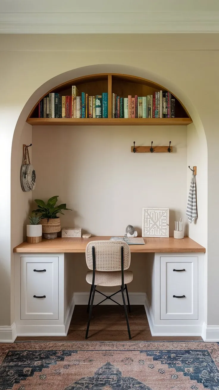 Transforming a small corner into a productive haven: this built-in desk area offers the perfect home office nook, showcasing smart small office ideas and home office storage solutions.  A compact office design ideal for bedroom offices, this tiny office setup provides flexible office space and small workspace solutions for a functional home study nook.