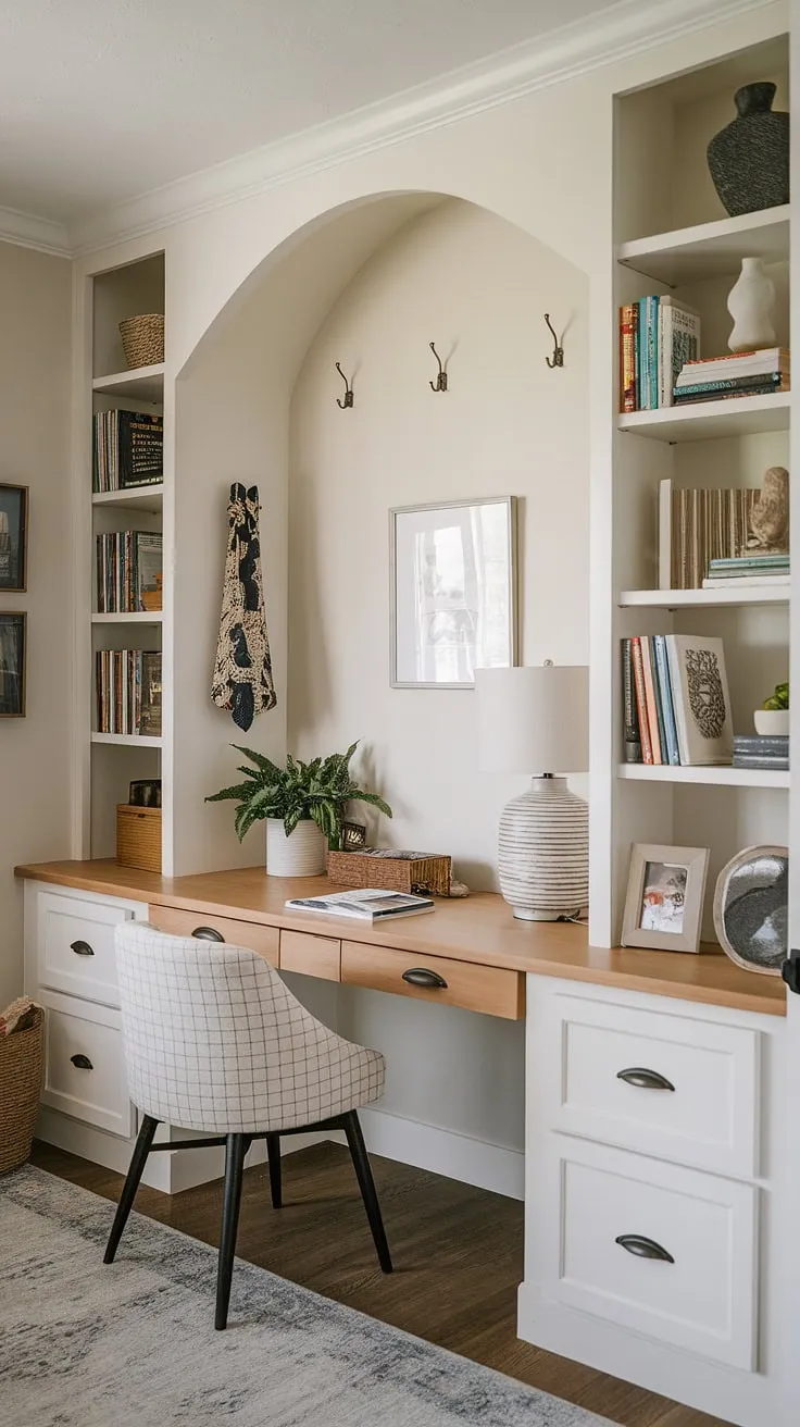 Maximize your space with this inspiring home office nook featuring a built-in desk area.  This compact office design is a perfect example of small workspace solutions and smart home office storage, ideal for a bedroom office or home study nook.  The flexible office space and tiny office setup prove that even the smallest area can become a productive and stylish workspace.
