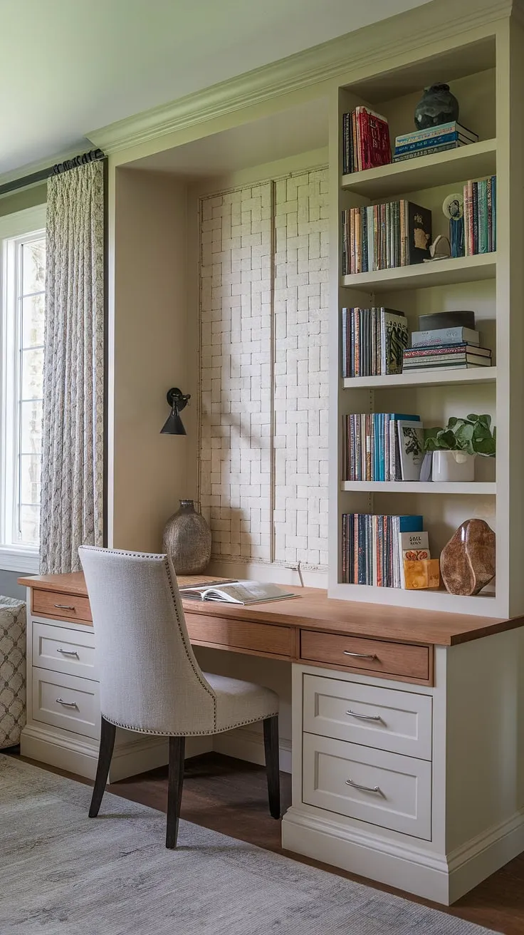 This charming home study nook showcases how a built-in desk area can create a surprisingly spacious and efficient small workspace solution.  With smart home office storage in the bookshelf and a comfortable chair, this tiny office setup is the perfect example of compact office design and flexible office space, ideal for small office ideas in a bedroom or any limited area.