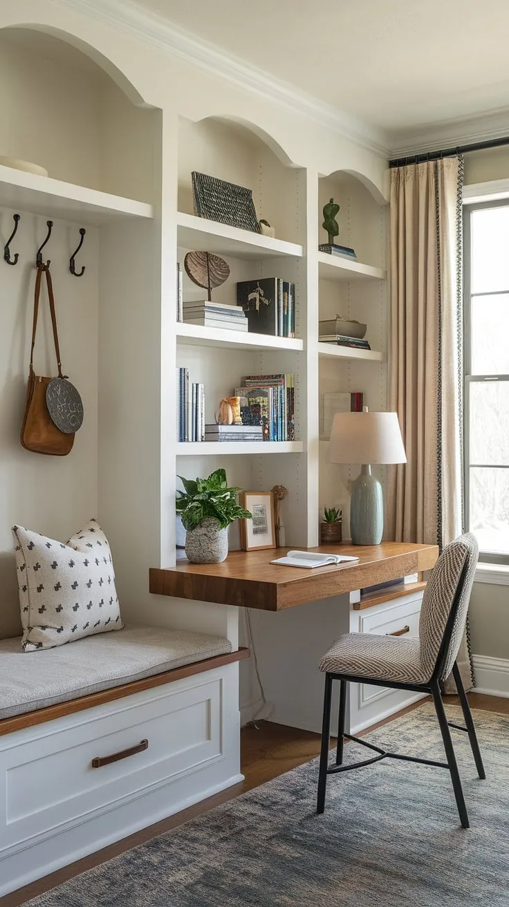 Transform a spare corner into a productive haven with this inspiring home office nook.  This compact office design showcases smart small office ideas, including a built-in desk area and ample home office storage.  Ideal small workspace solutions for a bedroom office, offering flexible office space in even the tiniest office setup.  Create your own home study nook today.