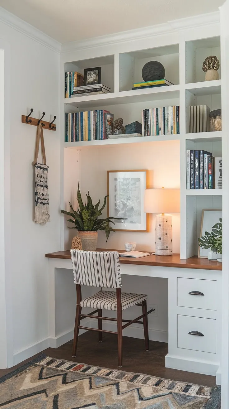 Transforming a small corner into a productive haven: this built-in desk area offers the perfect blend of home office storage and compact office design, ideal for small workspace solutions in a bedroom office or home study nook.  The flexible office space maximizes functionality, proving that even a tiny office setup can be stylish and efficient.
