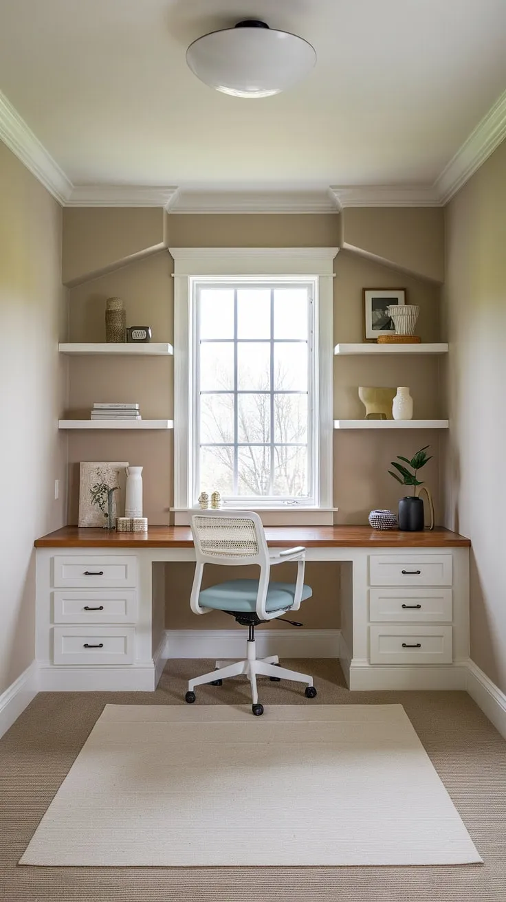 Transform a spare corner into a productive haven with this inspiring home office nook.  This small office ideas showcase a built-in desk area, maximizing space and style.  The compact office design, complete with home office storage and a light and airy aesthetic, offers flexible office space perfect for a bedroom office or home study nook.  This tiny office setup proves that even small workspace solutions can be incredibly effective.