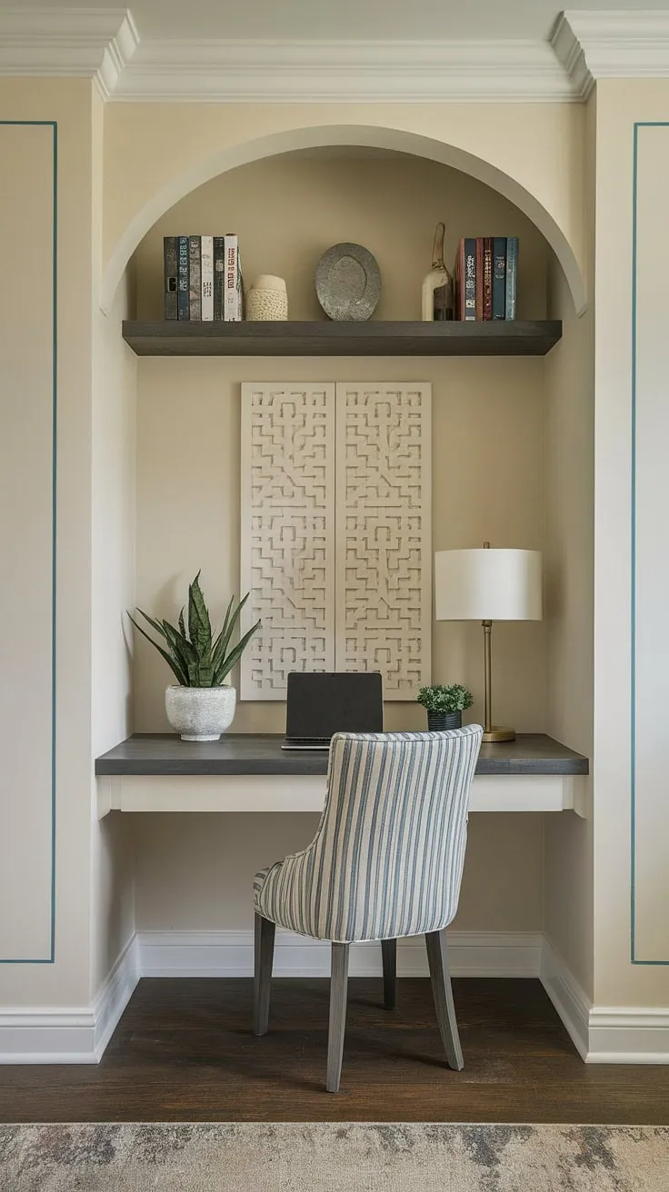 Maximize your space with this inspiring home office nook.  Small office ideas come to life with this built-in desk area, offering a surprisingly spacious feel despite its compact size.  The integrated home office storage and flexible office space make it ideal for a bedroom office or any area needing a tiny office setup.  This small workspace solution is the perfect blend of functionality and aesthetic appeal, creating a home study nook you'll love.