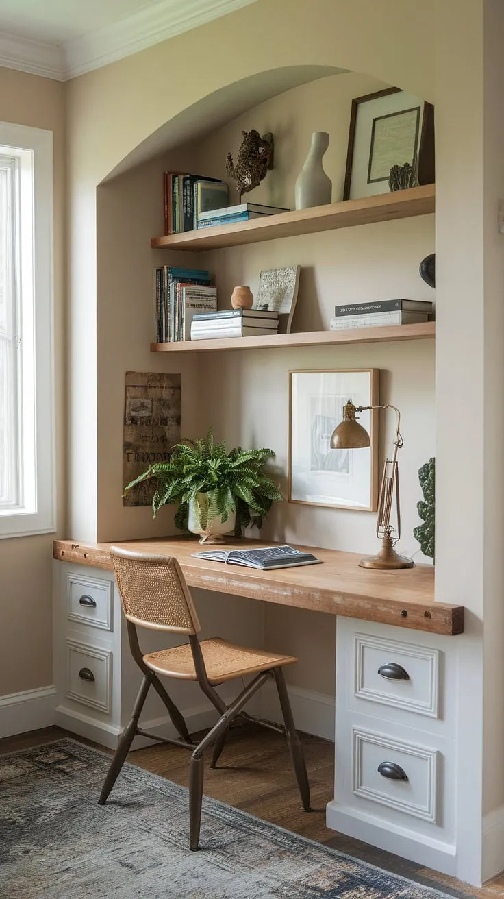 Transform a small corner into a productive haven with this inspiring home office nook.  Small office ideas abound in this compact office design, featuring a built-in desk area and thoughtful home office storage.  The flexible office space is perfect for a bedroom office, showcasing how even a tiny office setup can be both stylish and functional. This home study nook is a testament to maximizing space.