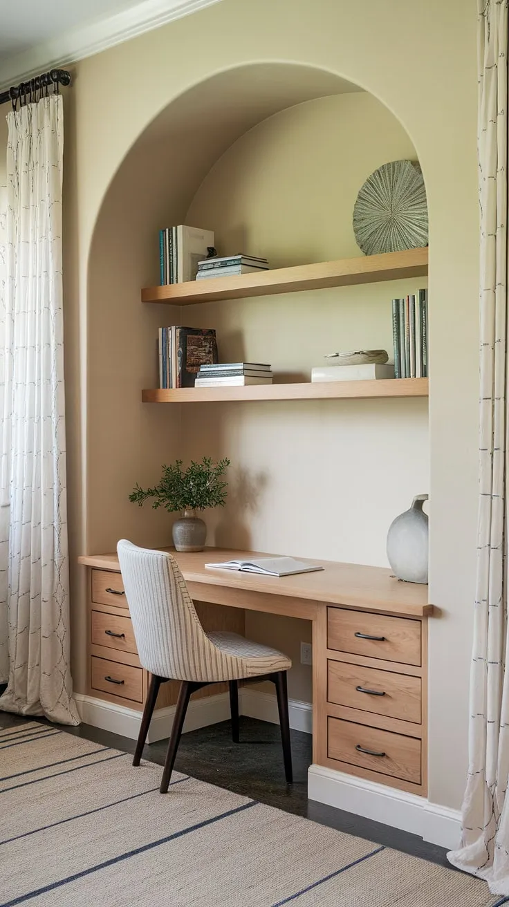 Maximize your space with this clever compact office design! This built-in desk area creates a cozy yet efficient home office nook, perfect for small workspace solutions.  The floating shelf provides essential home office storage, making it an ideal bedroom office or home study nook.  A tiny office setup doesn't have to mean sacrificing style or functionality – this flexible office space proves it.