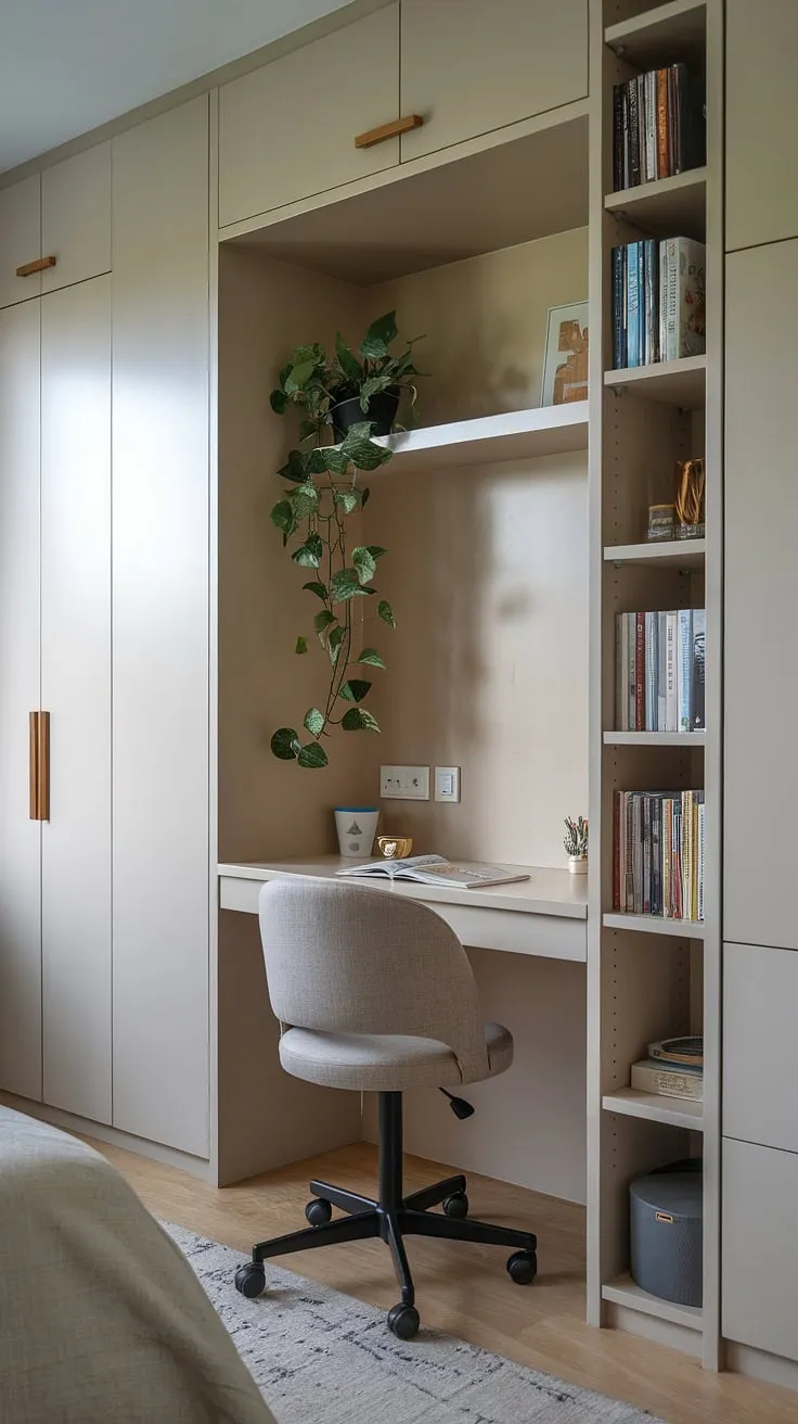 Maximize your space with this tiny office setup!  This bedroom office features a built-in desk area, a tall bookshelf for home office storage, and a small office ideas that proves big things come in small packages.  The result? A functional and stylish flexible office space, perfect for anyone needing a dedicated home study nook.
