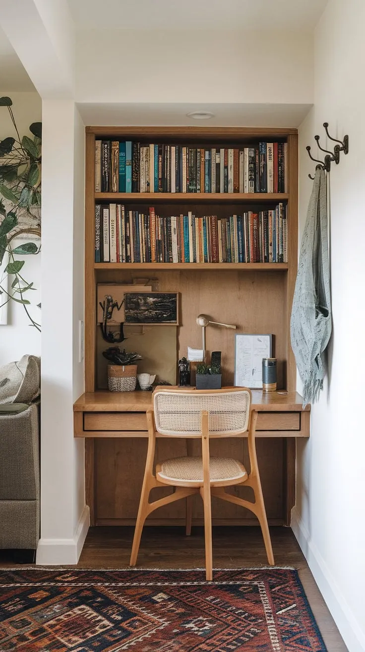 Maximize your space with this cozy home office nook.  Clever built-in desk area and compact office design provide ample home office storage, perfect for small workspace solutions in a bedroom office or even a tiny office setup. This flexible office space is the ultimate home study nook, brimming with small office ideas.