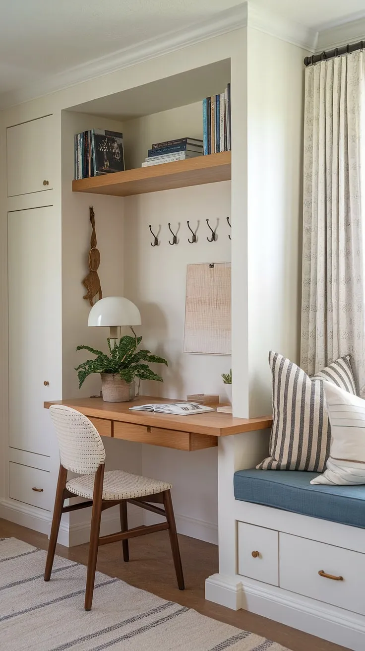 Maximize your space with this cozy home office nook.  Clever built-in desk area and home office storage solutions make this small workspace solution perfect for a bedroom office or any tiny office setup needing a flexible office space and compact office design.  This home study nook proves that even small office ideas can be stylish and functional.