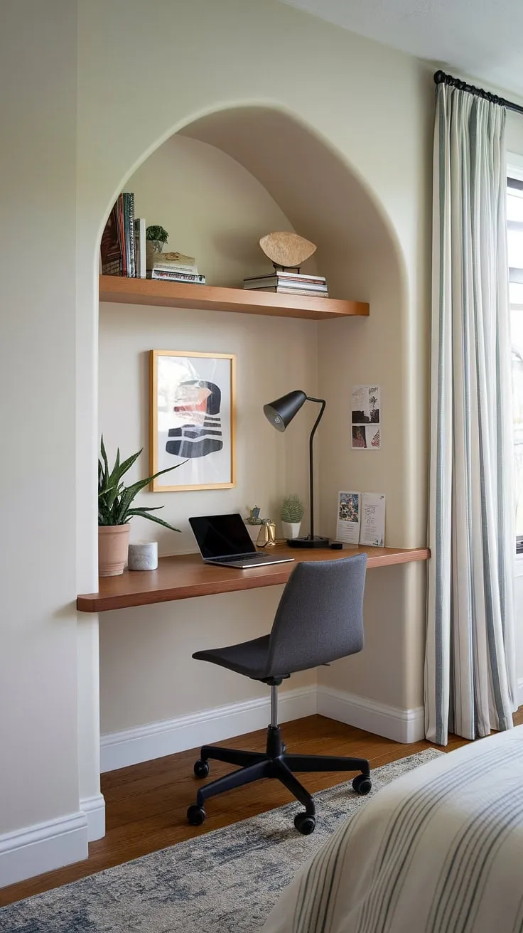 Maximize your space and productivity with this charming home office nook.  Clever home office storage solutions and a compact office design make this built-in desk area the perfect small workspace solution, transforming a bedroom corner into a flexible office space ideal for a tiny office setup or home study nook.  Small office ideas don't get much better than this.