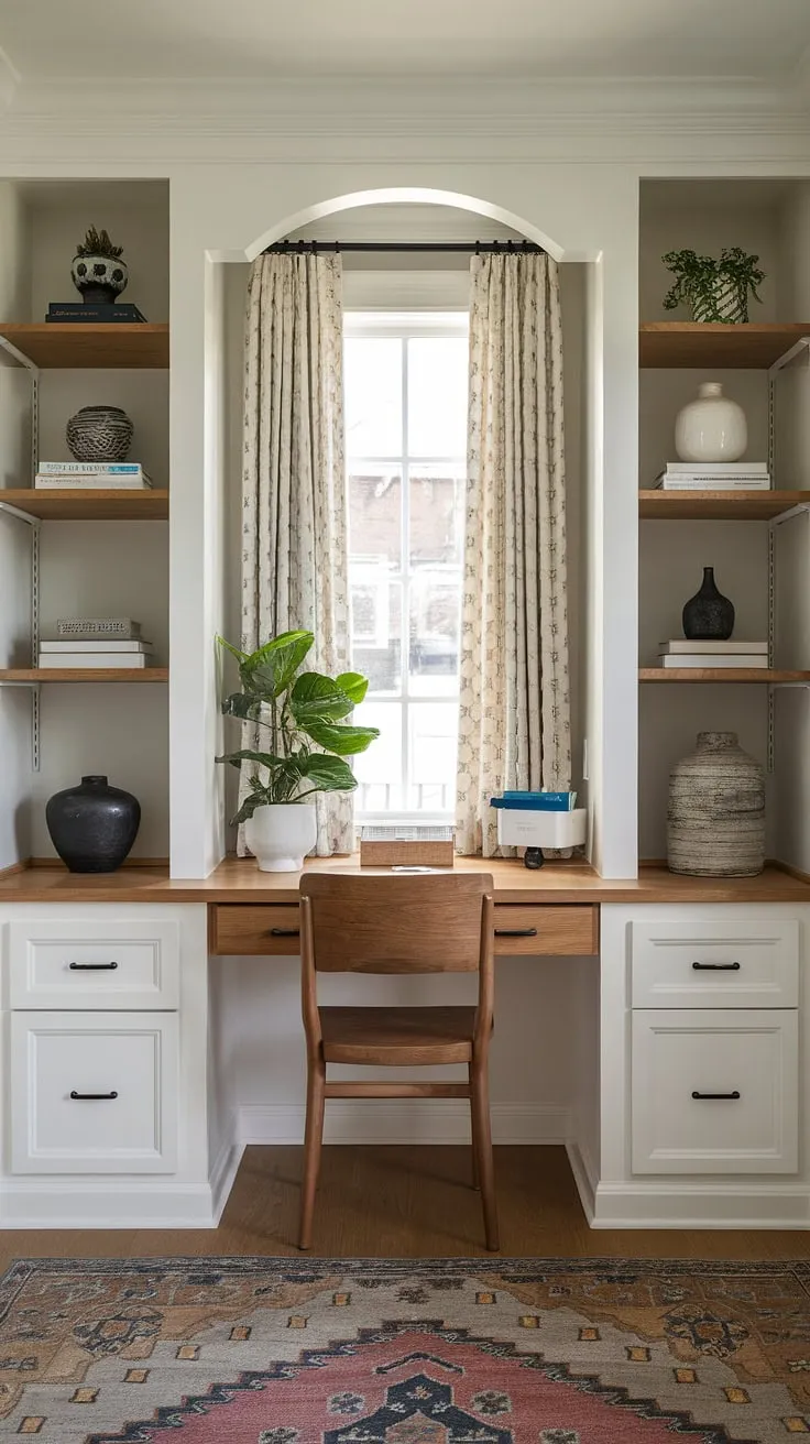 Transforming a small corner into a productive haven: this home office nook boasts clever home office storage solutions, a built-in desk area perfect for small workspace solutions, and a compact office design that maximizes every inch.  The flexible office space adapts seamlessly to a bedroom office or home study nook, proving that even tiny office setups can be stylish and efficient.