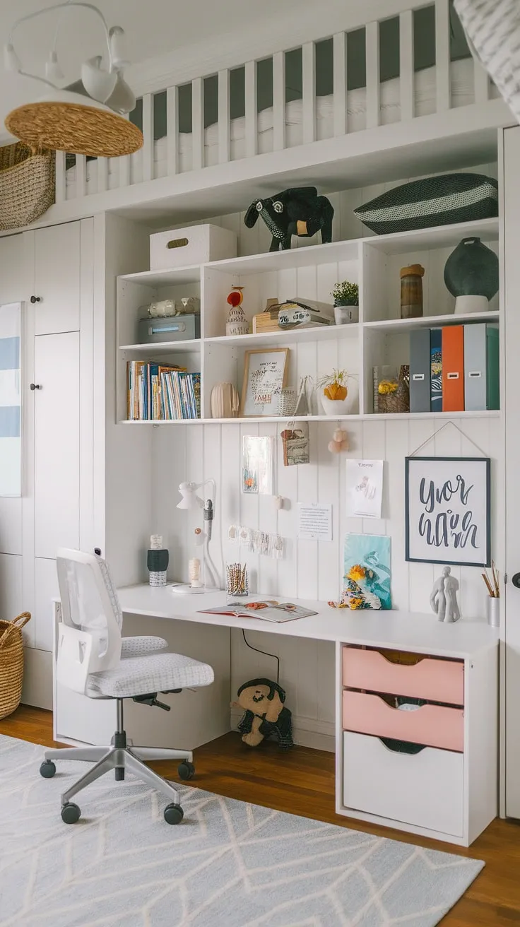 This ingenious office playroom combo redefines family living.  A dedicated playroom desk sits alongside adult workspace, creating a harmonious blend.  The loft playroom adds an extra dimension of play, complemented by thoughtfully designed kids study spaces and homeschool room decor.  The inclusion of a guest room playroom and a boys shared room showcases the space's versatility and adaptability to a busy family's needs.