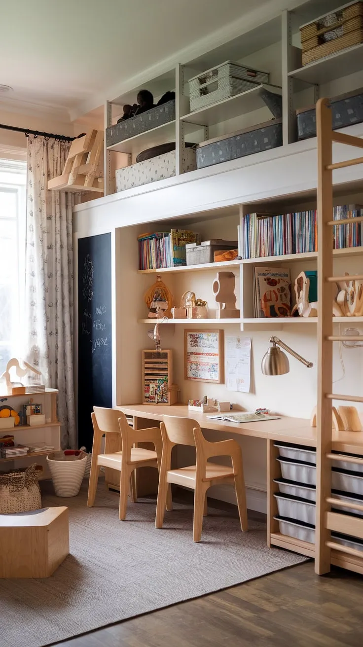 This home office playroom combo seamlessly blends work and play, creating the perfect space for both parents and kids.  The playroom desk and loft playroom offer dedicated areas for learning and imaginative fun, while the thoughtful homeschool room decor and kids study spaces ensure a stimulating environment.  A clever solution for a boys shared room or even a guest room playroom, this design maximizes space and functionality.